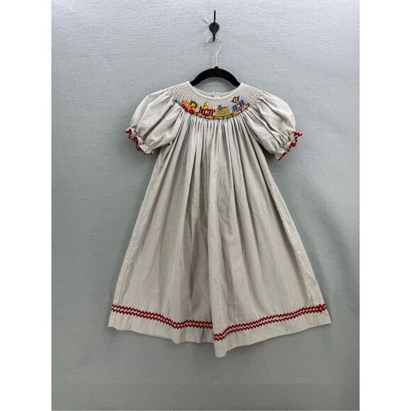 Stellybelly Girls Brown Gingham Check Smocked Embroidered Bishop Dress Size 6 - Picture 1 of 9